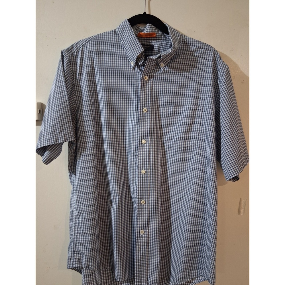 Dockers Mens Large Blue Check Short Sleeve Button Down Stain Defender Shirt